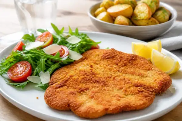 Escalope milanaise dorée et croustillante, servie avec une salade fraîche de roquette, tomates cerises et copeaux de parmesan. Une recette simple et savoureuse.