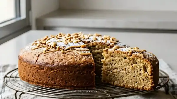 Gâteau moelleux au beurre de cacahuète, garni de cacahuètes et d'un filet de glaçage. Une part a été coupée, révélant sa texture riche.