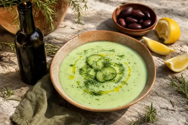 Un délicieux velouté de concombre, garni de fines tranches de concombre et d'aneth frais, avec des quartiers de citron et des olives à proximité.