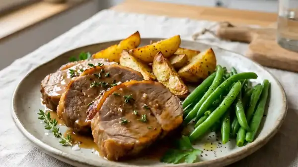 Tranches de tendron de veau nappées de sauce, accompagnées de pommes de terre rôties et haricots verts. Une recette savoureuse.