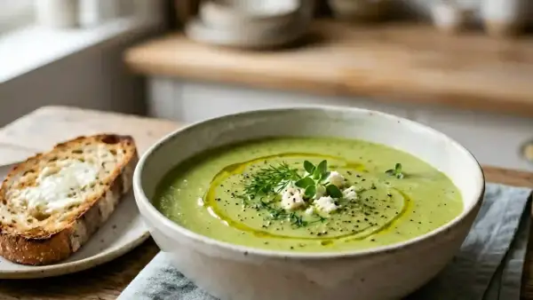 Soupe courgette crémeuse, garnie d'herbes fraîches et de fromage émietté, servie avec une tranche de pain grillé. Un délice qui rappelle la douceur de la Vache qui rit.
