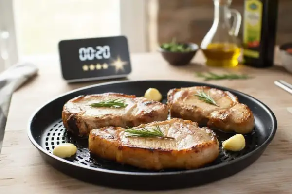 Trois belles côtes de porc dorées, garnies de romarin, prêtes à être dégustées. La cuisson à l'airfryer a rendu ces côtes de porc parfaites.