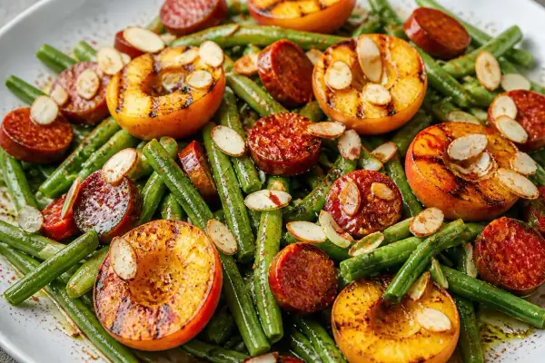Salade de haricots verts originale avec pêches grillées, chorizo et amandes effilées. Un plat coloré et savoureux.