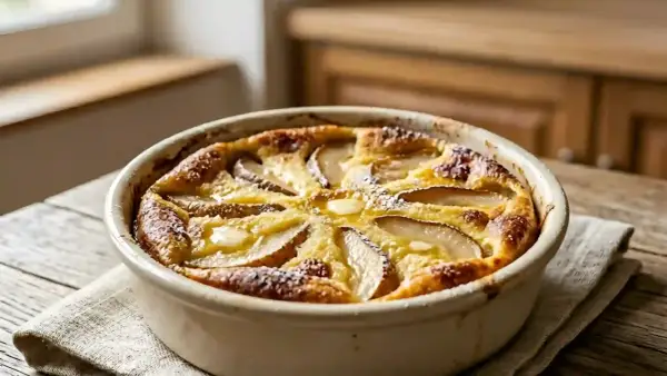 Un délicieux clafoutis aux poires, doré et saupoudré de sucre glace, prêt à être dégusté.