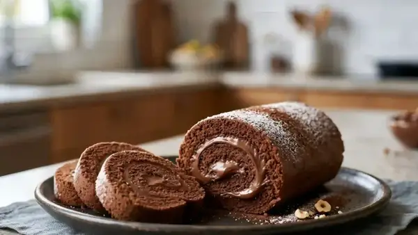 Un délicieux roulé au Nutella, saupoudré de sucre glace, sur une assiette avec quelques noisettes. Un vrai plaisir gourmand !