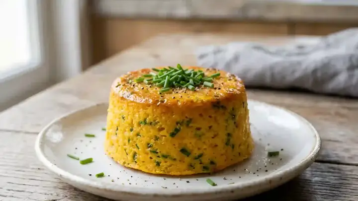 Un délicieux flan de carottes, garni de ciboulette fraîche et de poivre noir, sur une assiette blanche.