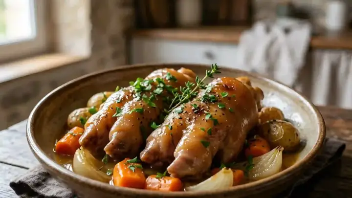 Délicieuse recette de pied de cochon à l'ancienne, mijoté avec des légumes racines et des herbes fraîches. Un plat réconfortant.
